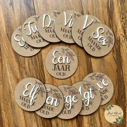 Twelve monthly milestones are strategically placed in a half circles to almost complete the circle. The discs are made out of MDF with white raised acrylic to give a 3D effect. 