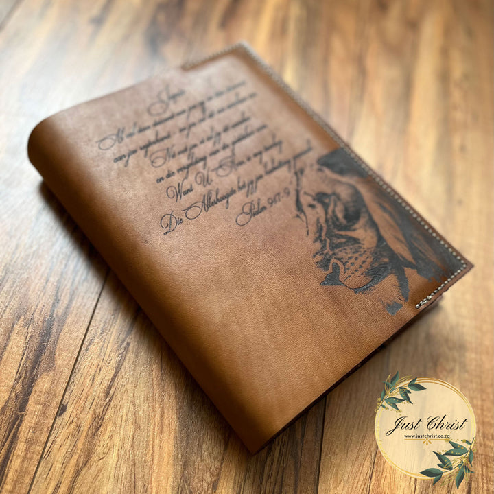 An image taken from an angle of the leather slip-on cover. 